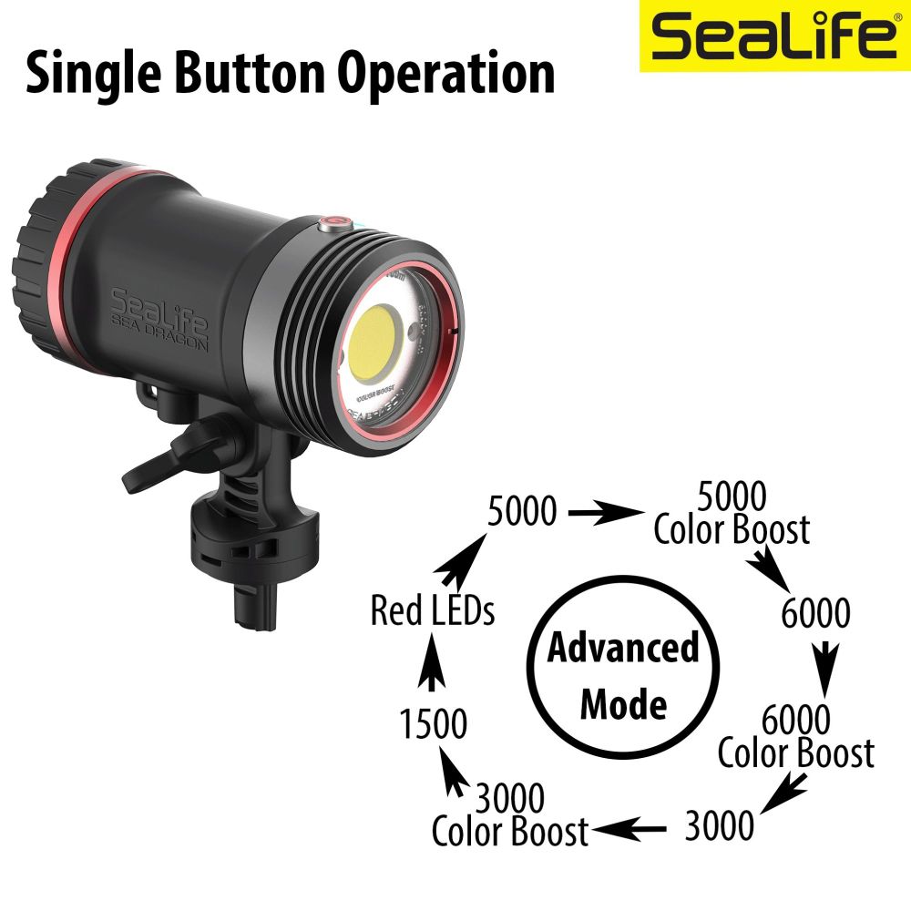 Sealife Sea Dragon 5000+ Color Boost COB LED Photo-Video Light (Incl. Tête d'éclairage, Adaptateur Flex-Connect YS & Ball Joint 1", Batterie et Chargeur)