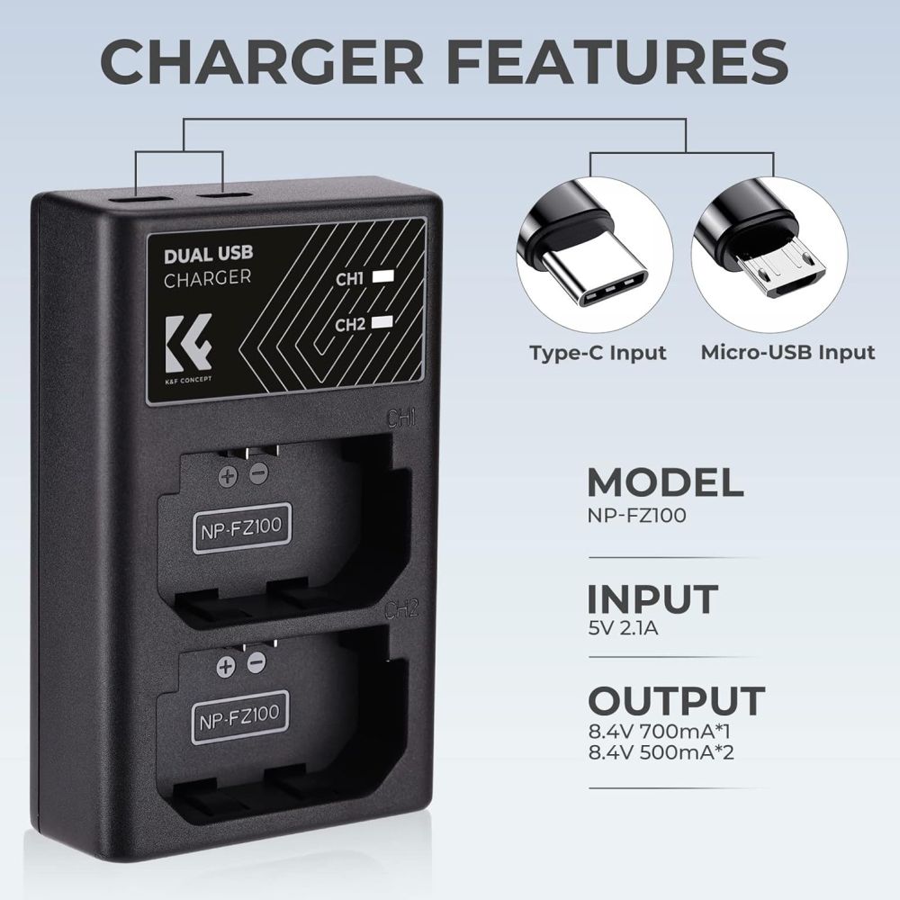 K&F Concepto Cargador de doble batería NP-FZ100 USB-C