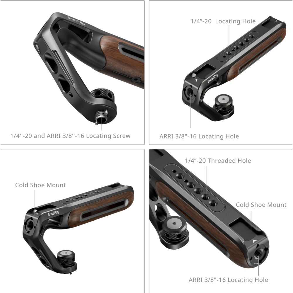 SmallRig 5252 Wooden Top Handle met 1/4"-20 en ARRI 3/8"-16 Locating Screw