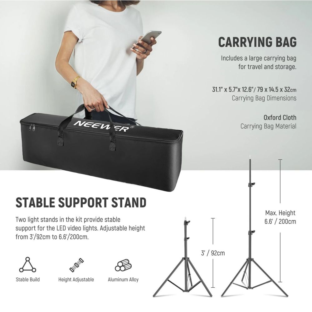 Neewer 660 PRO II Kit luci LED RGB 2x 50W incl.... supporti e borsa per il trasporto