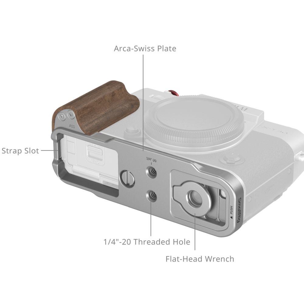 SmallRig 5667 L-Shaped Mount Plate met Wooden Handle voor FUJIFILM X-T30 / X-T30 II / X-T30 III, Silver