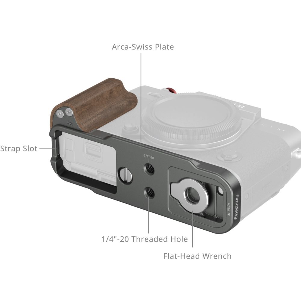 SmallRig 5668 Piastra di montaggio a L con manico in legno per FUJIFILM X-T30 / X-T30 II / X-T30 III, argento antracite