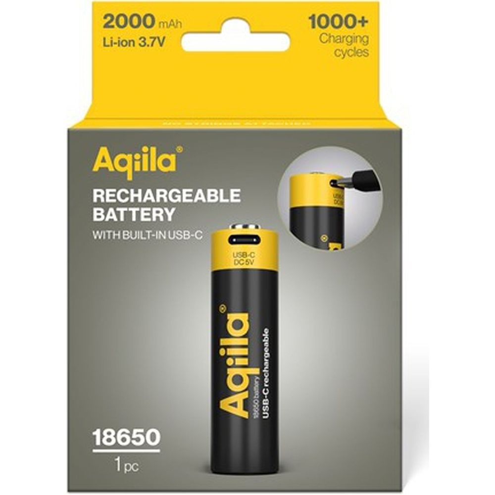 Aqiila 18650 USB-C Rechargable Battery 3.7V 2000mAh Li-Ion (1x)