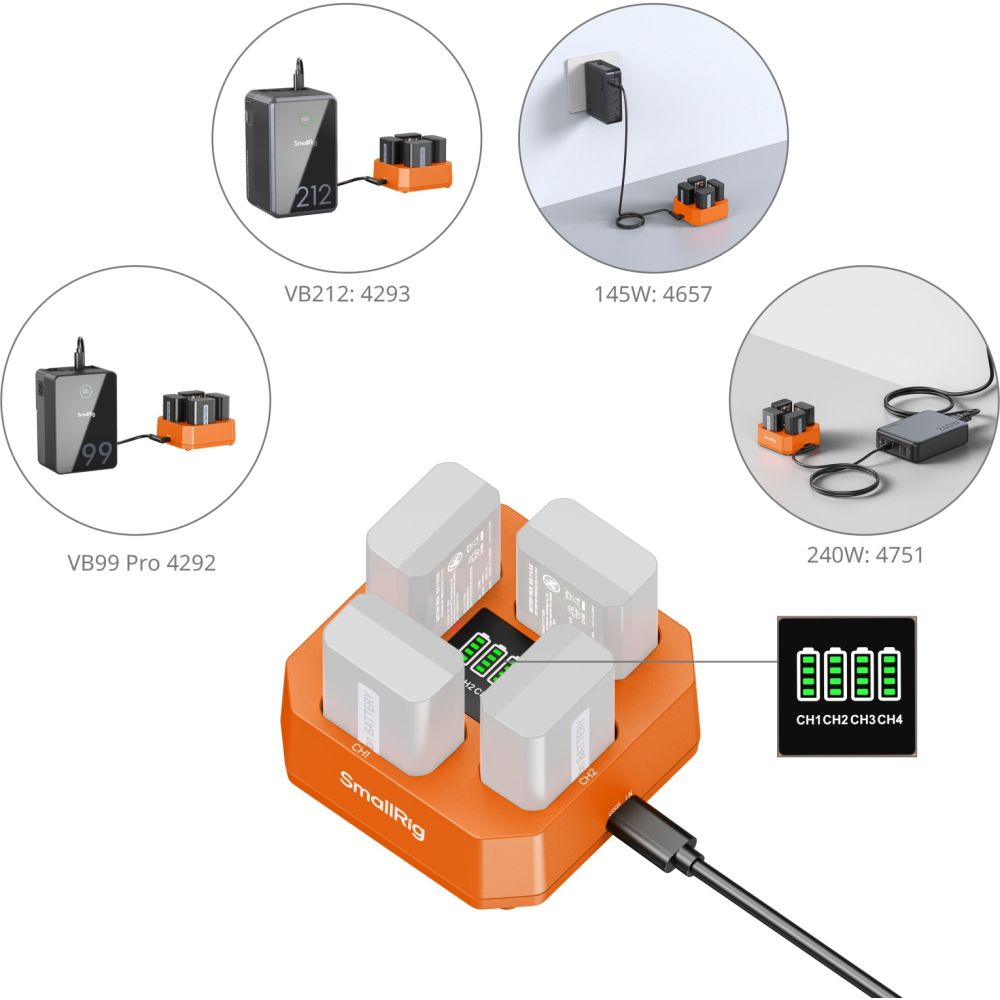 SmallRig 5749 Caricabatterie per batteria a quattro canali per fotocamera per NP-FW50